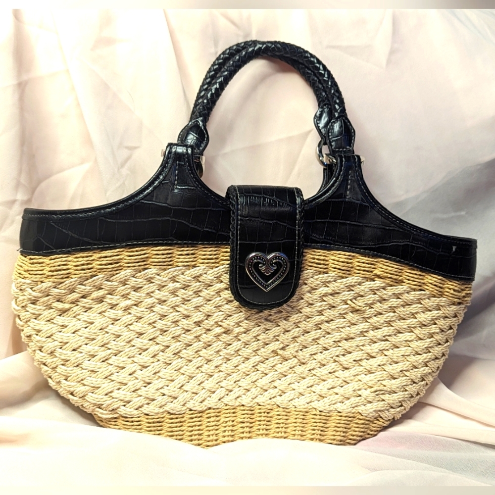 Coldwater Creek Two-Toned Straw Purse w/ Hearts & Black Faux Crocodile Leather